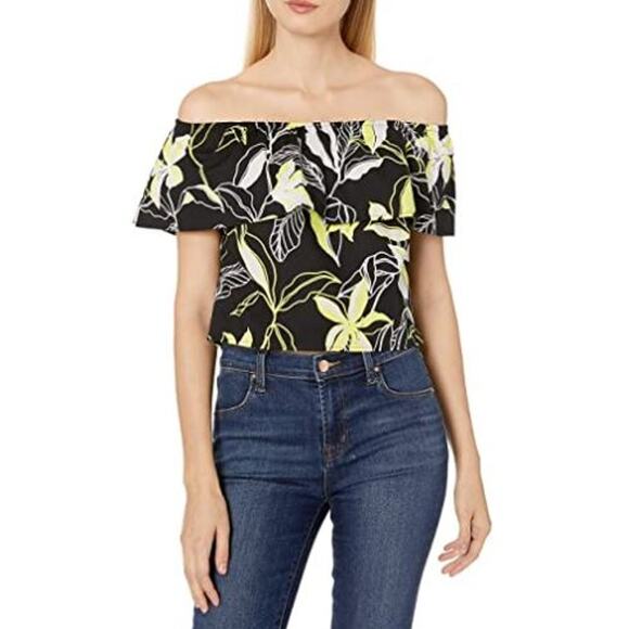 NEW Splendid Black Neon Yellow Tropical Floral Off the Shoulder Top Size XS - Picture 1 of 9